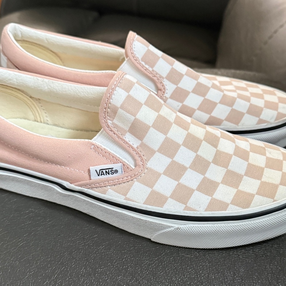 Vans Blush and White Checkered Slip-Ons
